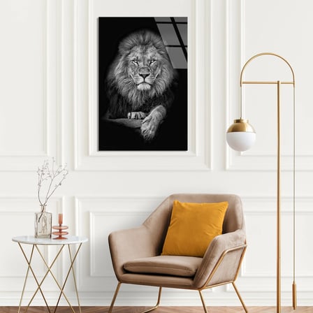 Siyah Beyaz Aslan Cam Tablo 35x50 cm