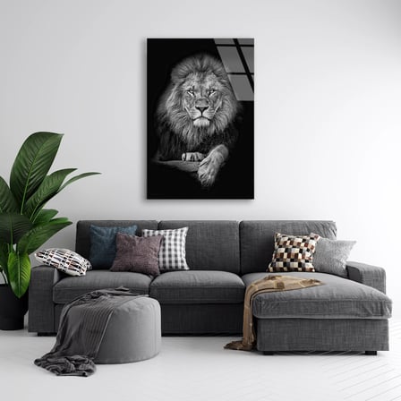 Siyah Beyaz Aslan Cam Tablo 35x50 cm