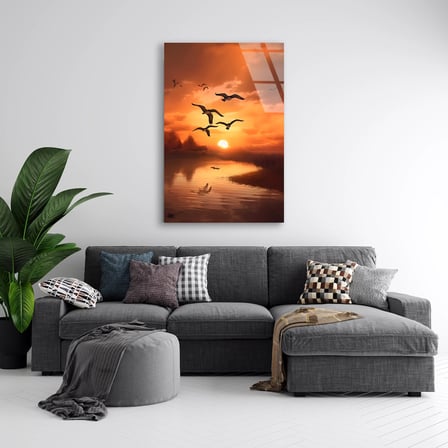 Gün Batımında Kuşlar Cam Tablo – Hayvan Duvar Dekoru 35x50 cm