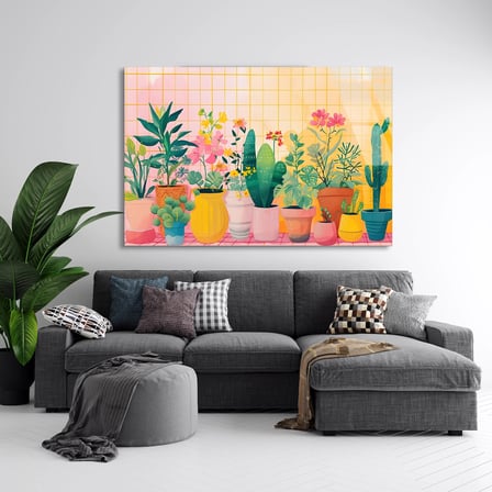 Renkli Saksı Bitkileri Cam Tablo 50x35 cm