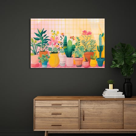 Renkli Saksı Bitkileri Cam Tablo 50x35 cm