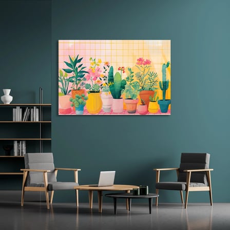 Renkli Saksı Bitkileri Cam Tablo 50x35 cm