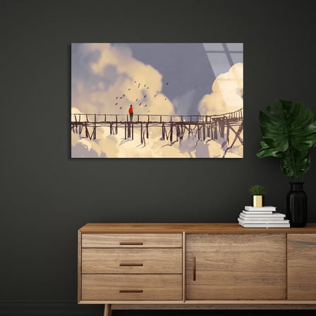 Bulutlarda Ahşap Köprü Cam Tablo 50x35 cm