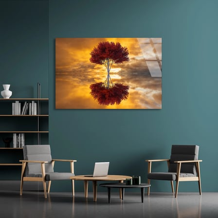 Soyut Ağaç Yansıması Cam Tablo 125x80 cm