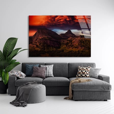 Kızıl Gökyüzü Dağlar Cam Tablo 50x35 cm