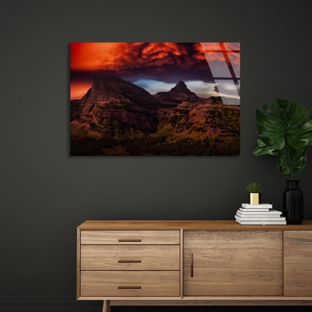 Kızıl Gökyüzü Dağlar Cam Tablo 50x35 cm