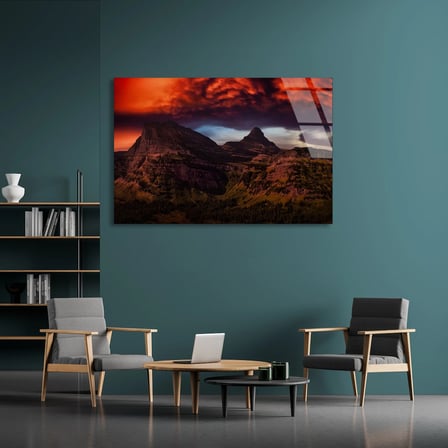 Kızıl Gökyüzü Dağlar Cam Tablo 50x35 cm