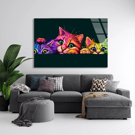 Renkli Kediler Pop Art Cam Tablo 50x35 cm