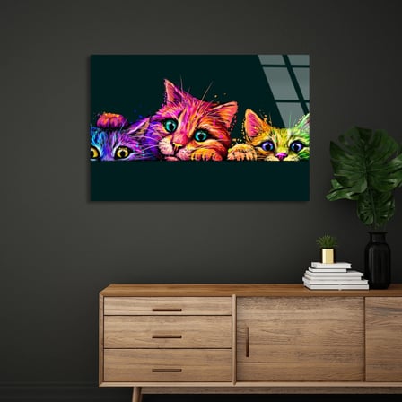 Renkli Kediler Pop Art Cam Tablo 50x35 cm