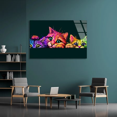 Renkli Kediler Pop Art Cam Tablo 50x35 cm