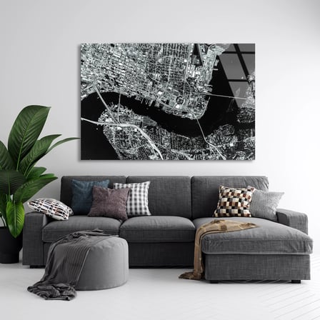 Siyah Beyaz Şehir Haritası Cam Tablo 50x35 cm