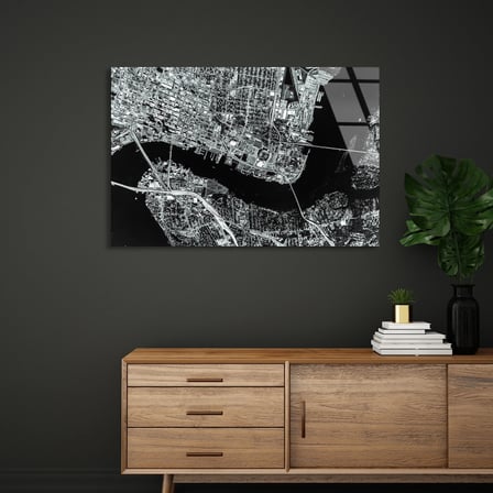 Siyah Beyaz Şehir Haritası Cam Tablo 50x35 cm