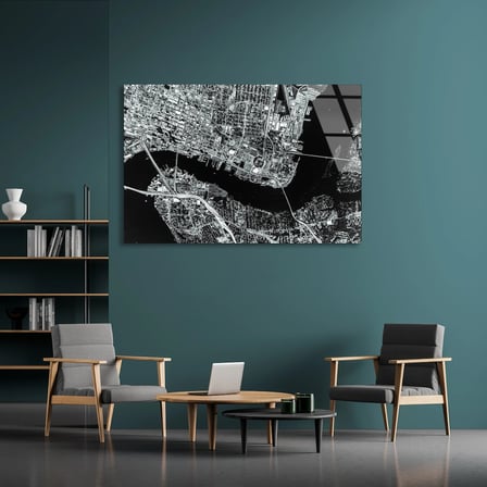 Siyah Beyaz Şehir Haritası Cam Tablo 50x35 cm