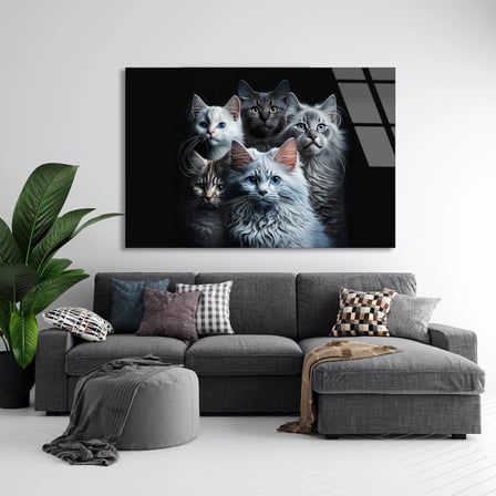 Sevimli Kedi Ailesi Cam Tablo 50x35 cm