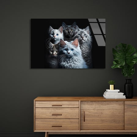 Sevimli Kedi Ailesi Cam Tablo 50x35 cm