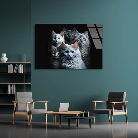 Sevimli Kedi Ailesi Cam Tablo 50x35 cm