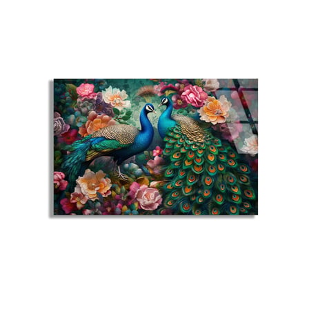 Tavus Kuşu Çiçekler Cam Tablo 50x35 cm
