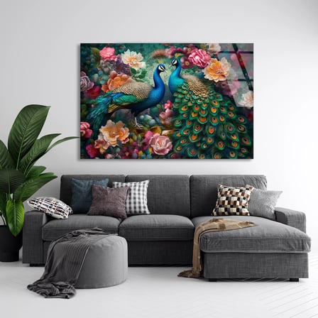 Tavus Kuşu Çiçekler Cam Tablo 50x35 cm