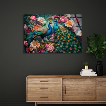 Tavus Kuşu Çiçekler Cam Tablo 50x35 cm