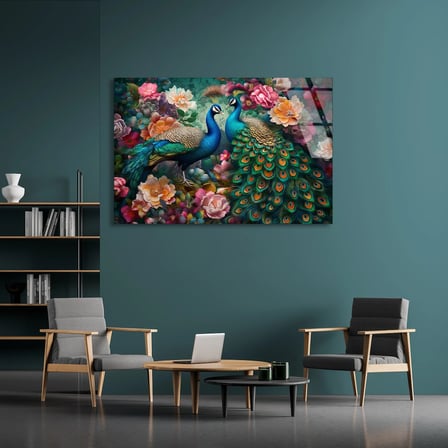Tavus Kuşu Çiçekler Cam Tablo 50x35 cm