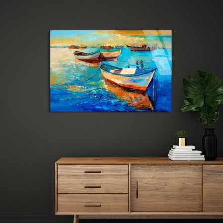 Yağlı Boya Tekneler Cam Tablo 50x35 cm