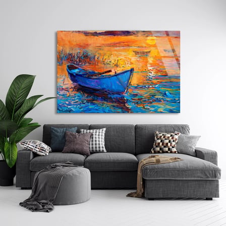Gün Batımında Tekne Cam Tablo 50x35 cm