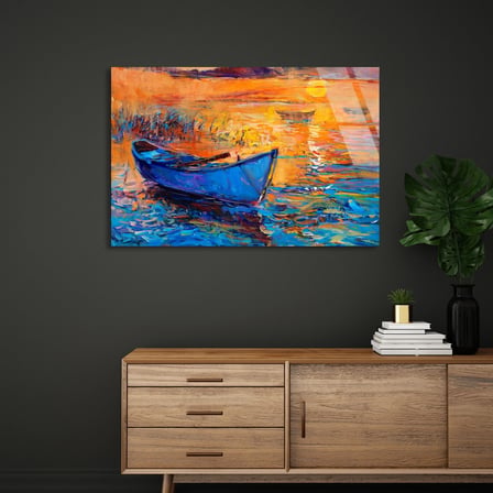 Gün Batımında Tekne Cam Tablo 50x35 cm