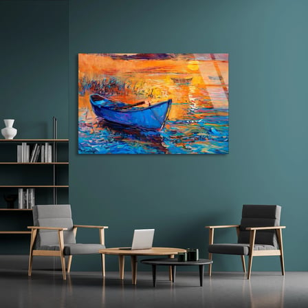 Gün Batımında Tekne Cam Tablo 50x35 cm