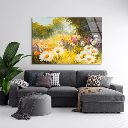 Papatya Çiçek Bahçesi Cam Tablo 50x35 cm
