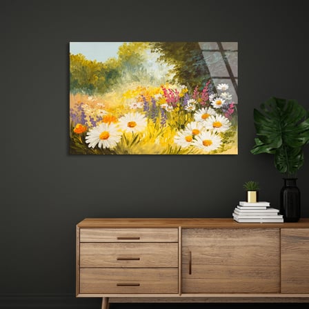 Papatya Çiçek Bahçesi Cam Tablo 50x35 cm