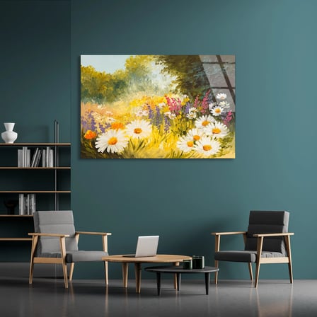 Papatya Çiçek Bahçesi Cam Tablo 50x35 cm