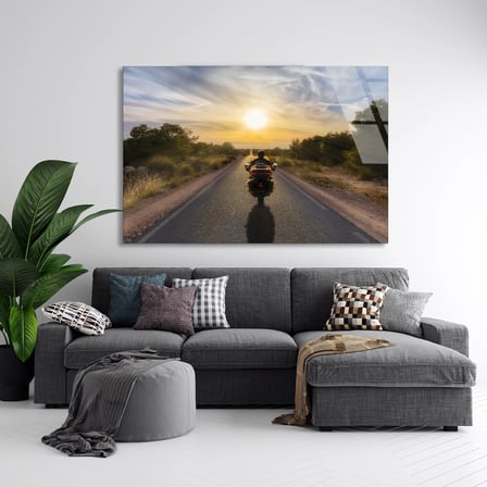 Yolda Motosiklet Yolculuk Cam Tablo 50x35 cm