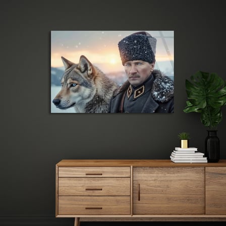 Atatürk Kurt Portresi Cam Tablo 50x35 cm