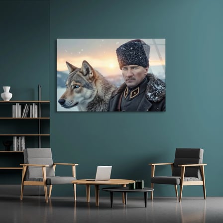 Atatürk Kurt Portresi Cam Tablo 50x35 cm
