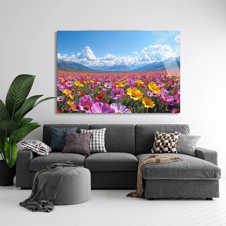 Dağ Eteği Çiçek Tarlası Cam Tablo 50x35 cm