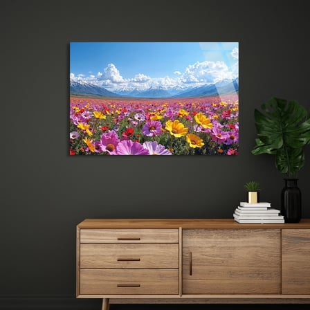 Dağ Eteği Çiçek Tarlası Cam Tablo 50x35 cm