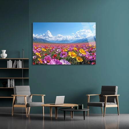 Dağ Eteği Çiçek Tarlası Cam Tablo 50x35 cm
