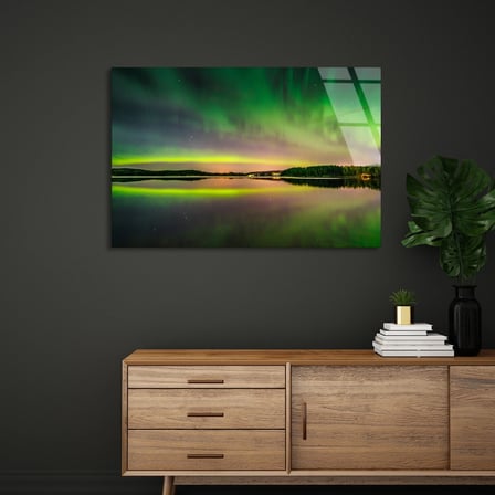 Kuzey Işıkları Göl Yansıması Cam Tablo 50x35 cm