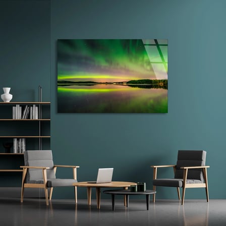 Kuzey Işıkları Göl Yansıması Cam Tablo 50x35 cm