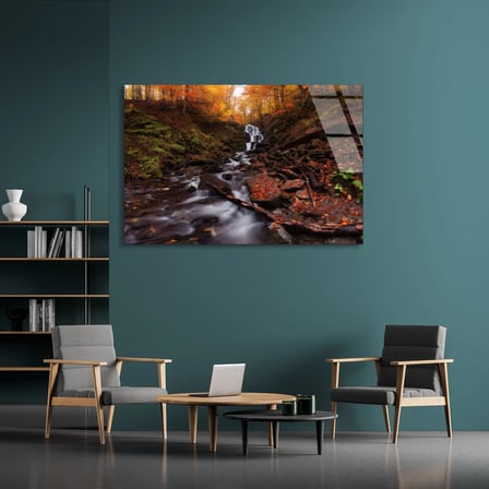 Sonbahar Orman Deresi Cam Tablo 70x50 cm