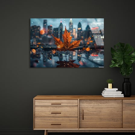 Şehir Sonbahar Yaprağı Cam Tablo 50x35 cm