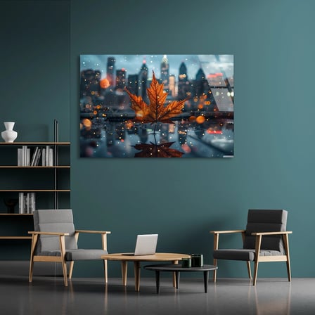 Şehir Sonbahar Yaprağı Cam Tablo 50x35 cm