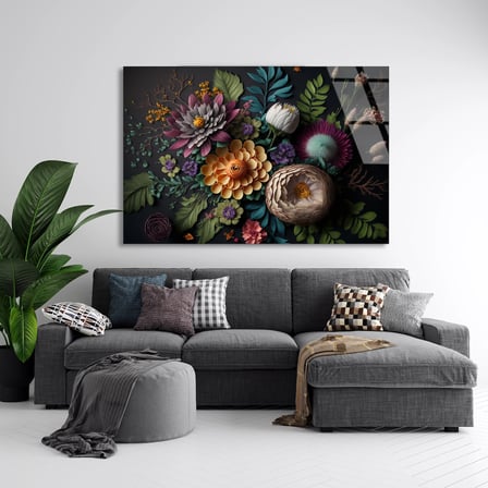 Koyu Zemin Çiçek Buketi Cam Tablo 90x60 cm