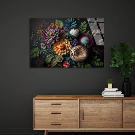 Koyu Zemin Çiçek Buketi Cam Tablo 90x60 cm