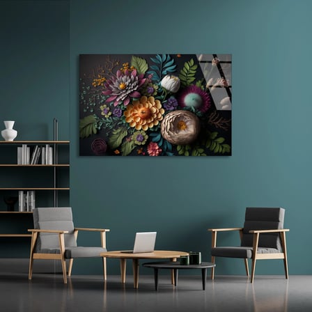 Koyu Zemin Çiçek Buketi Cam Tablo 90x60 cm