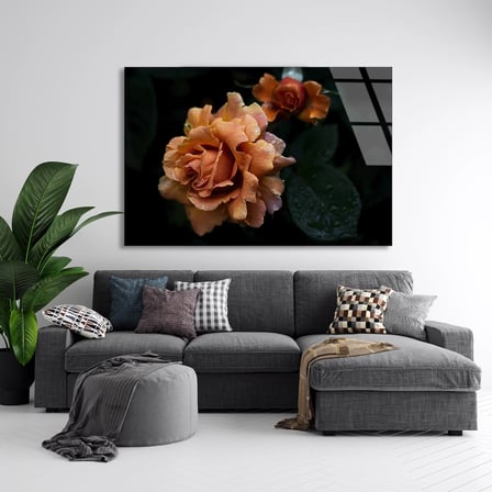 Turuncu Gül Çiçeği Cam Tablo 50x35 cm