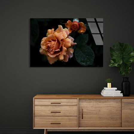 Turuncu Gül Çiçeği Cam Tablo 50x35 cm
