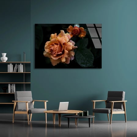 Turuncu Gül Çiçeği Cam Tablo 50x35 cm