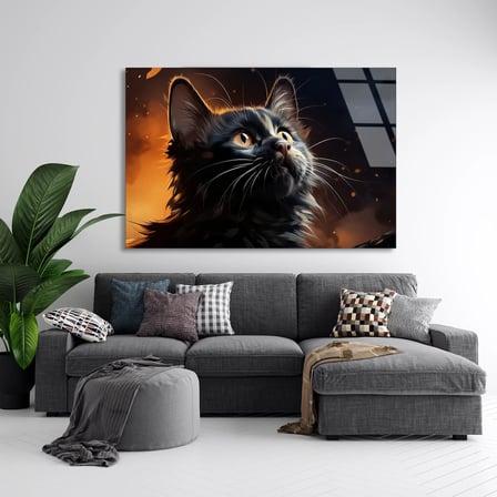 Kara Kedi Cam Tablo 50x35 cm