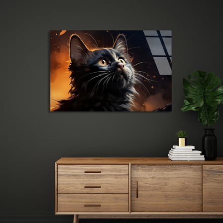 Kara Kedi Cam Tablo 50x35 cm